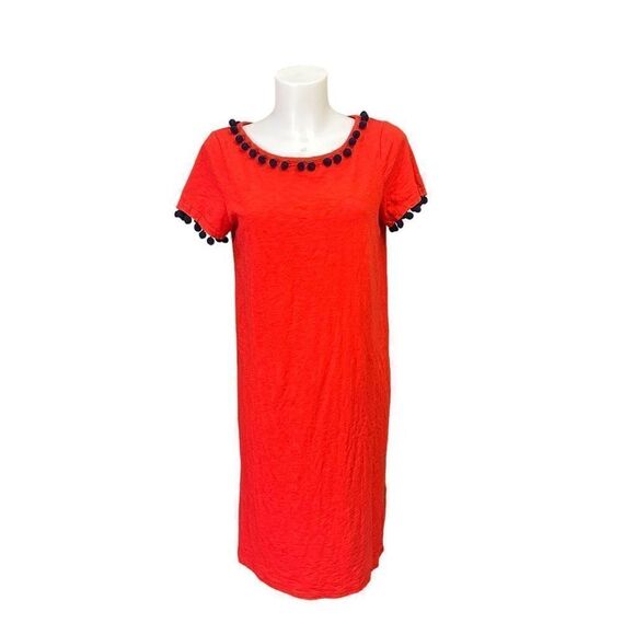 Boden Bridget Red Orange Shift Dress, Navy‎ Pompom accents size US 8 L - Picture 1 of 8
